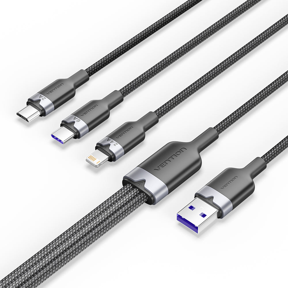 Vention USB 2.0 A Male to 3-in-1 USB-C & Lightning & Micro-B Male 6A Cable Aluminum Alloy Type