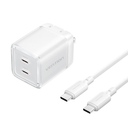 Vention 2-Port USB (C + C) GaN Charger (45W/45W) with 5A USB-C to USB-C Cable  US-Plug Gray