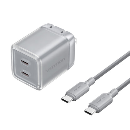 Vention 2-Port USB (C + C) GaN Charger (45W/45W) with 5A USB-C to USB-C Cable  US-Plug Gray