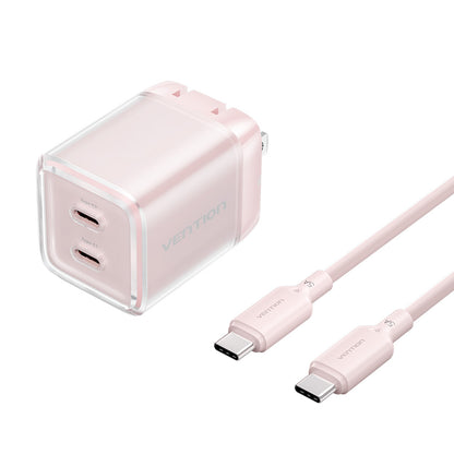 Vention 2-Port USB (C + C) GaN Charger (45W/45W) with 5A USB-C to USB-C Cable  US-Plug Gray