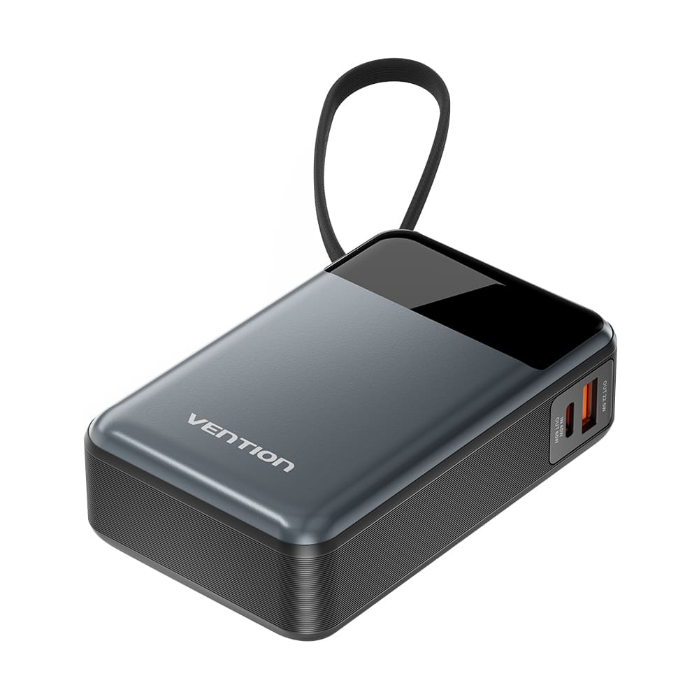 Vention 20000mAh Power Bank (USB-C + USB-C/USB-A) with Built-in USB-C Cable 65W Black LED Display Type