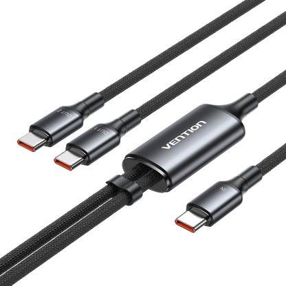 Vention USB 2.0 Tip-C Erkek - 2 Tip-C Erkek 5A Kablo Siyah Alüminyum Alaşımlı Tip