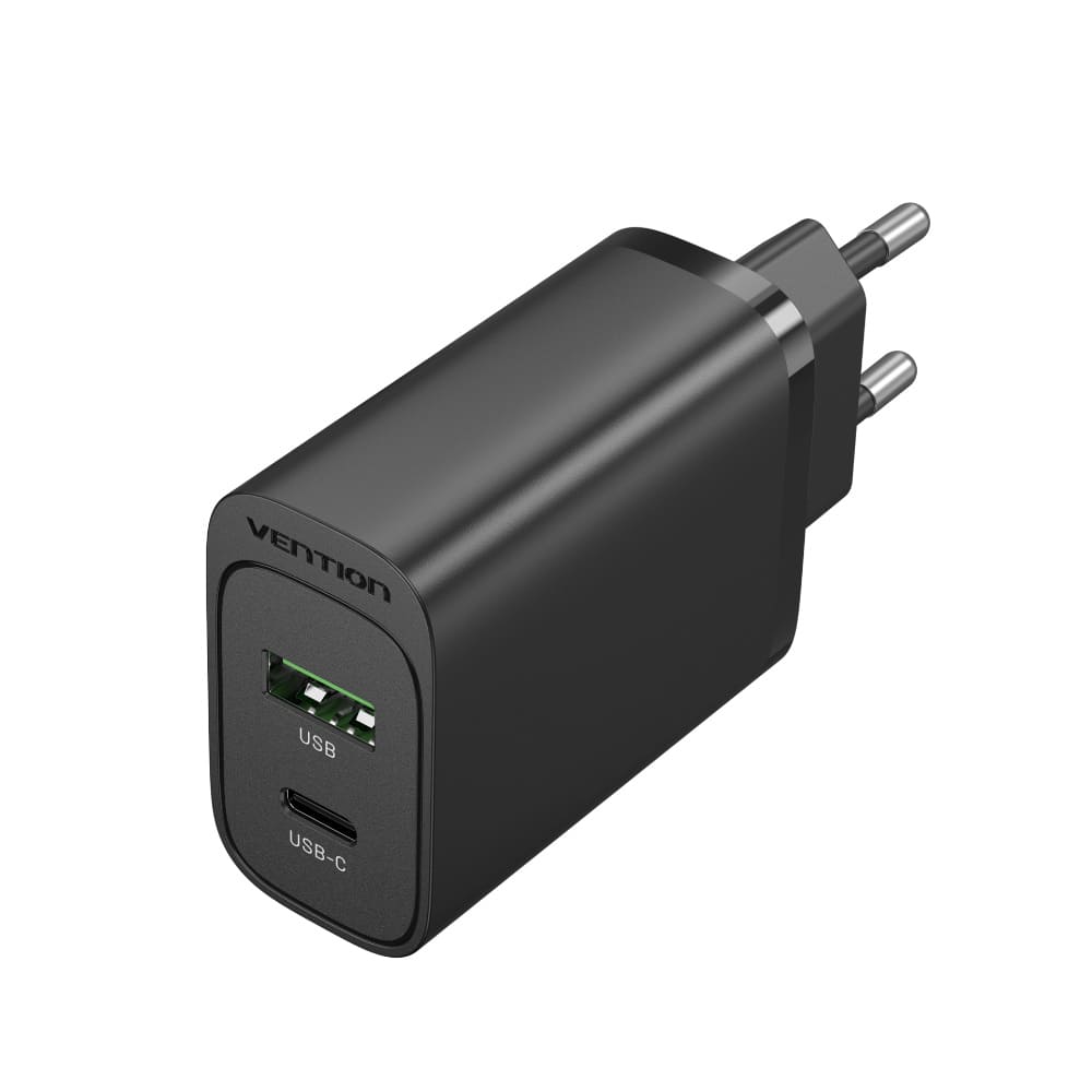 2-порт USB (A+C) стеновое зарядное устройство (18 Вт+20 Вт) Eu-Plug Black