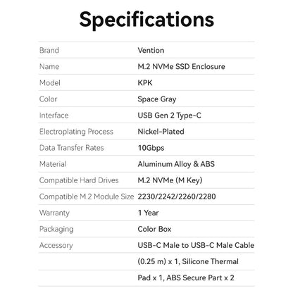 Vention M.2 NVMe SSD Enclosure (USB 3.1 Gen 2-C) with Heat Sink Gray Aluminum Alloy Type