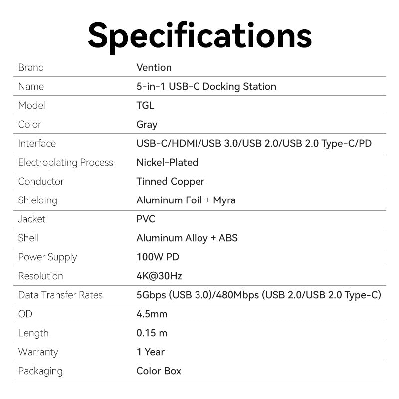 Vention USB-C to HDMI + USB 3.0 + USB 2.0 + USB 2.0 Type-C + PD Docking Station