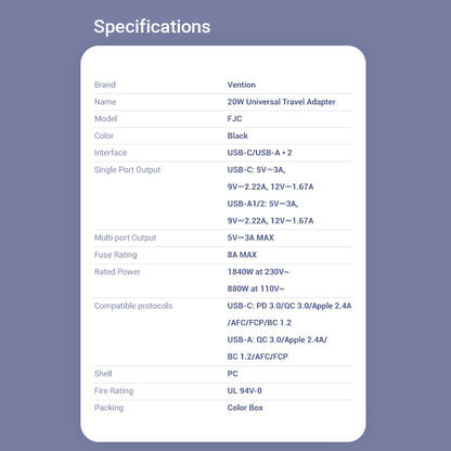 <tc>Vention</tc> 3端口USB（C+C+A）万能旅行适配器（20W/18W/18W）