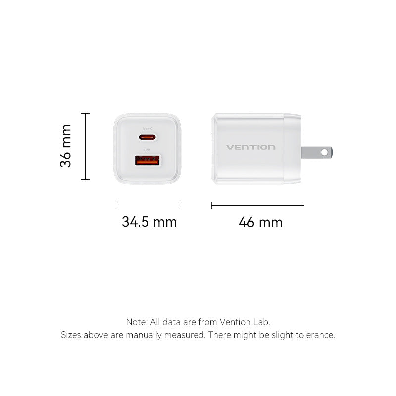 <tc>Vention</tc> Cargador GaN de 2 puertos USB (C + A) (30 W/30 W) con enchufe estadounidense