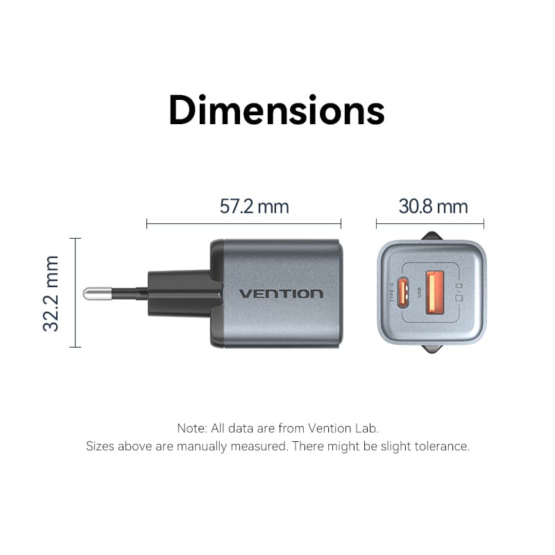 Vention 2-Port USB (C+A) GaN Charger (30W/18W) EU-Plug