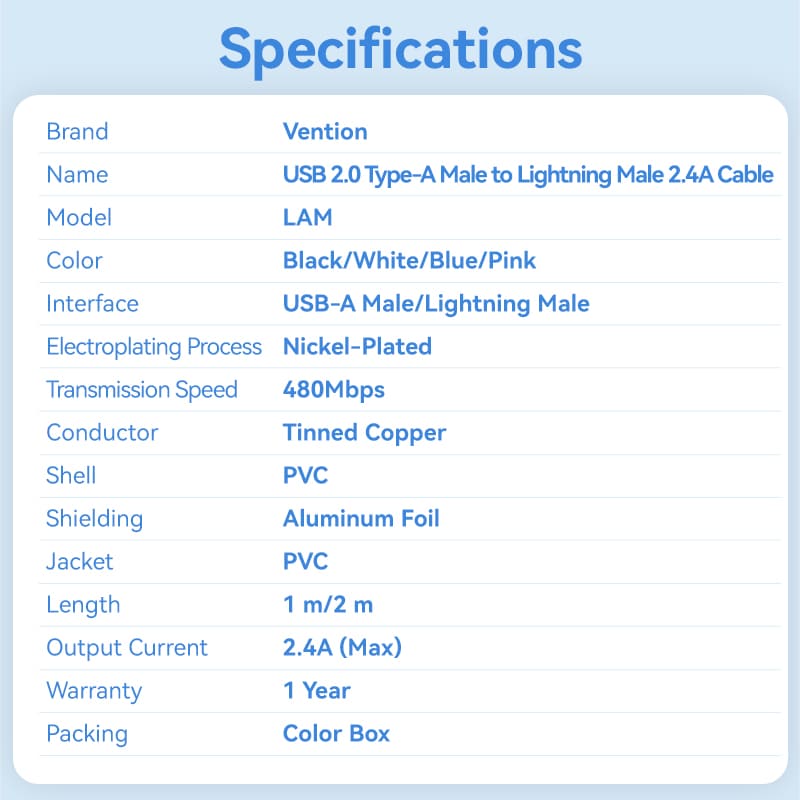 USB 2.0 Type-A Male to Lightning Male 2.4A Cable