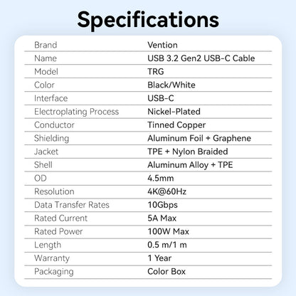 Vention USB 3.2 Gen2 C Male to C Male 10Gbps Cable Aluminum Alloy Type