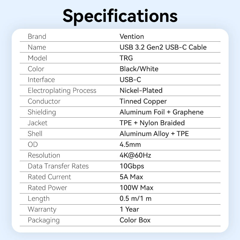 Vention USB 3.2 Gen2 C Male to C Male 10Gbps Cable Aluminum Alloy Type