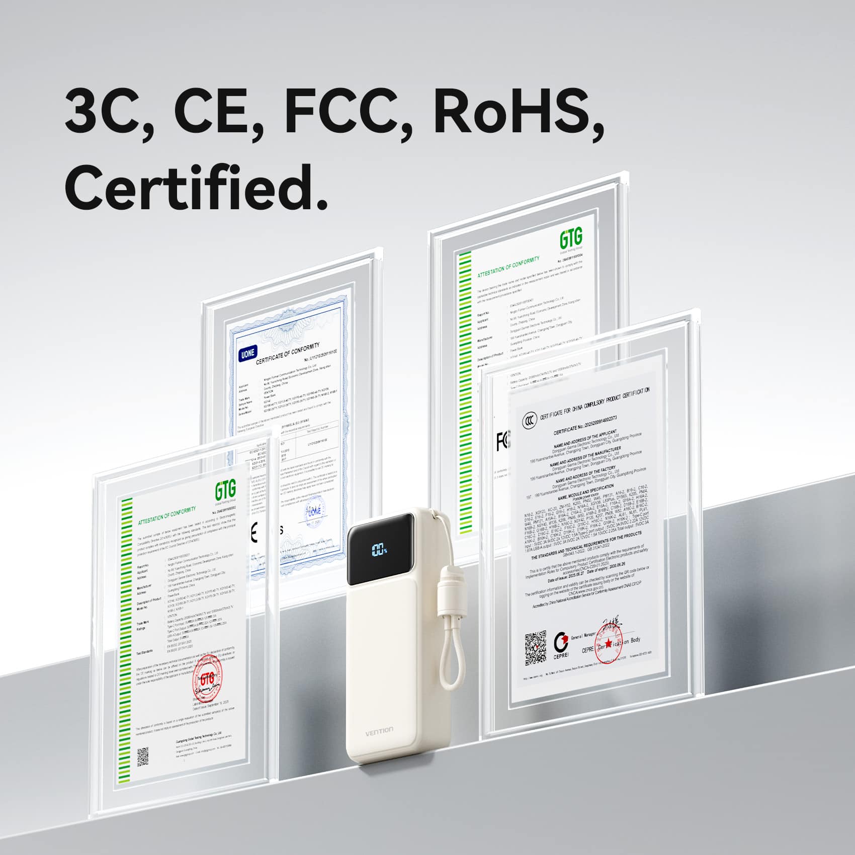 Vention 20000mAh Power Bank (USB-C + USB-A) with Built-in Cable 22.5W