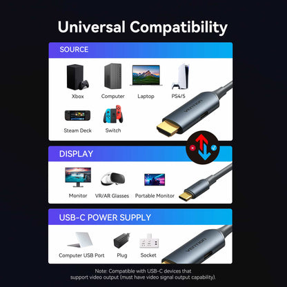 Vention HDMI  Male to USB-C Male 4K HD Cable with Power Supply  Gray Metal Type