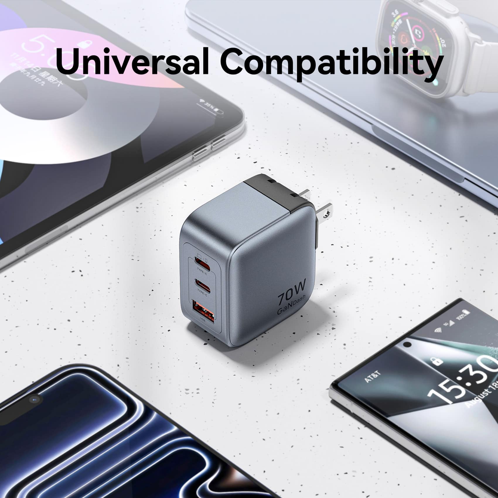 Vention 3-Port USB (C+C+A) GaN Charger (70W/70W/22.5W) US-Plug Gray