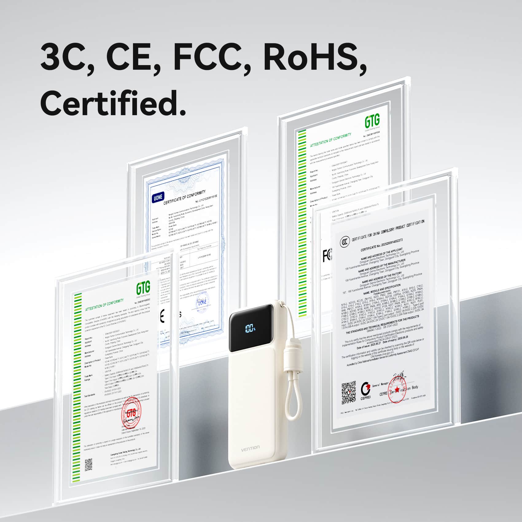 Vention 10000mAh Power Bank (USB-C + USB-A) with Built-in Cable 22.5W LED Display Type