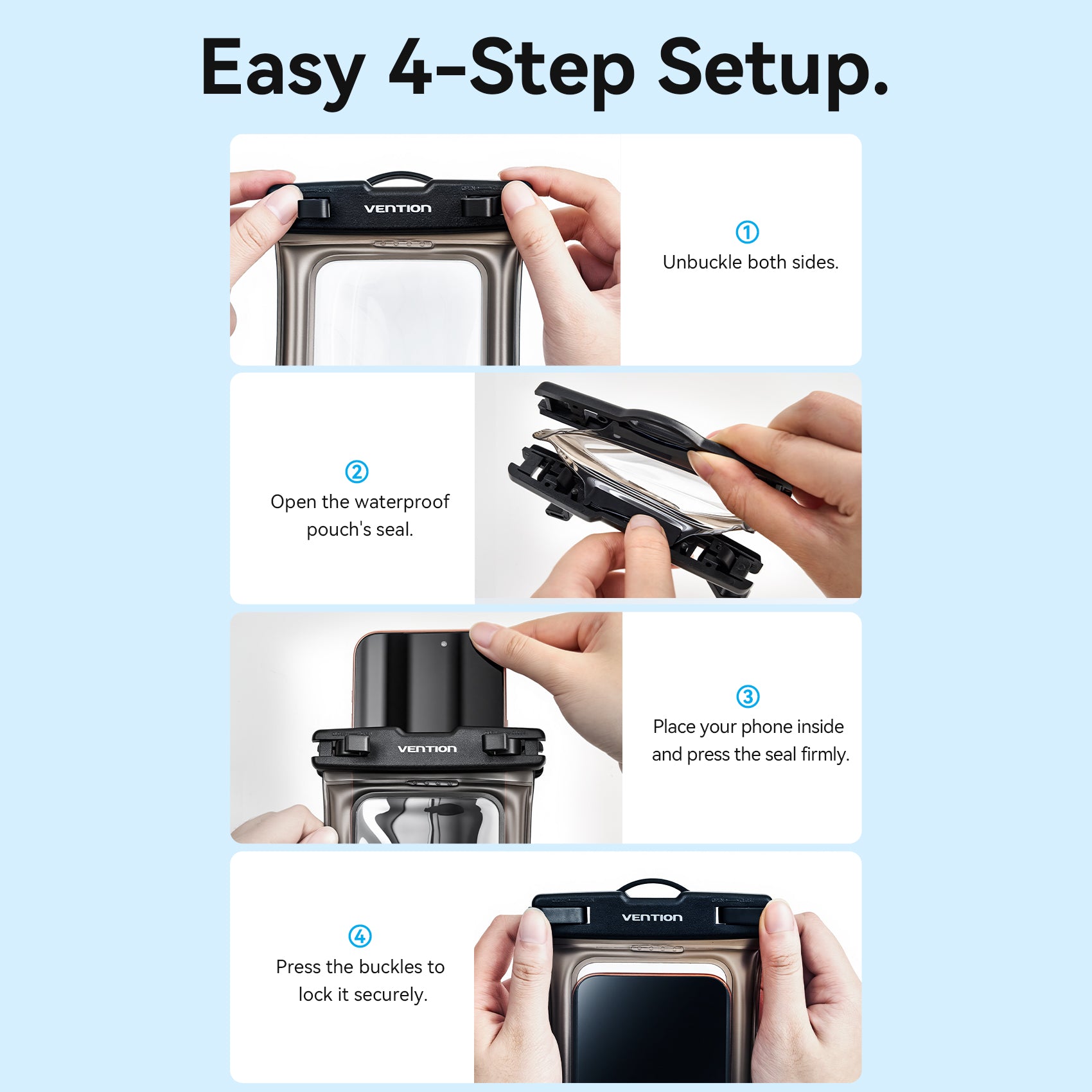 Vention 7.2-Inch Shockproof Black-Edged Waterproof Phone Pouch with Lock Seal Black