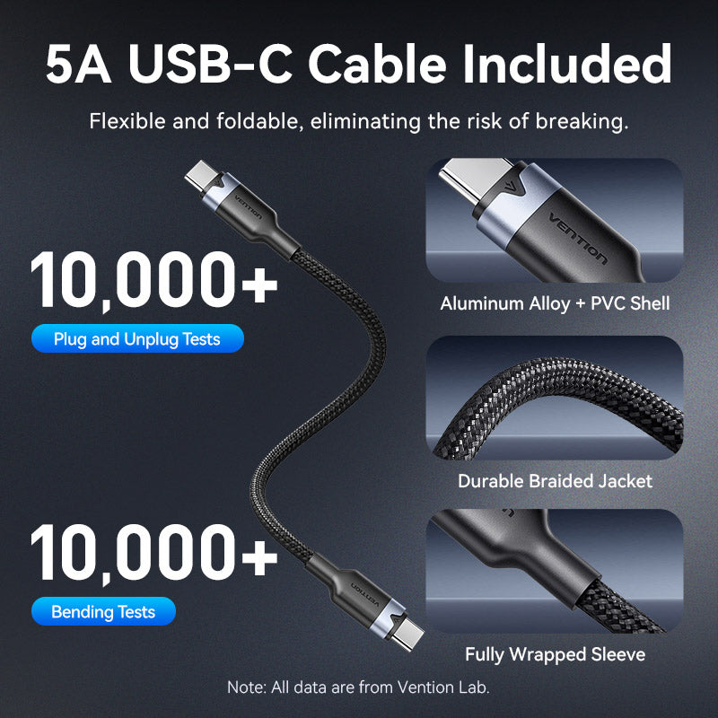 4-Port USB (C + C + A + A) Vention GaN Charger (100W/100W/30W/30W) Gray with USB-C to USB-C Cable (1M) Black EU-Plug