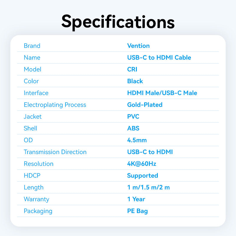 Vention USB-C to HDMI-A 4K HD Cable