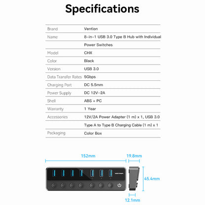 USB B 3.0 to USB 3.0 x7 Hub with Individual Power Switches and DC 5.5mm Power Adapter CN/UK/US/EU-Plug Black