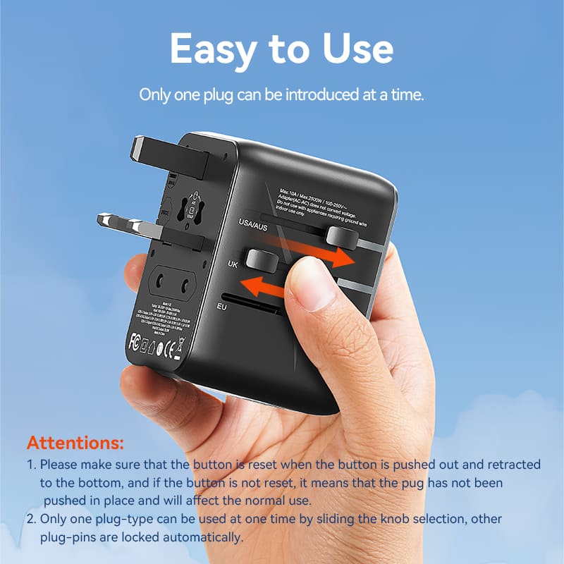 3-Port USB (C + A + A) Universal Travel Adapter (20W/18W/18W) Black