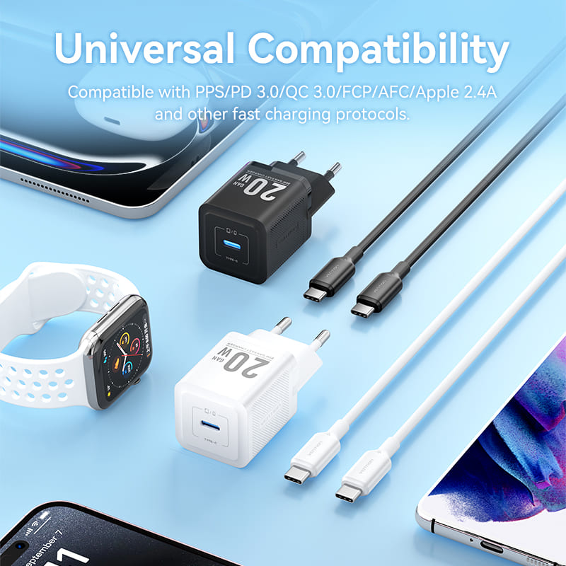 Vention 1-port USB-C GAN充电器20W，USB-C到USB-C有线1M EU-PLUG