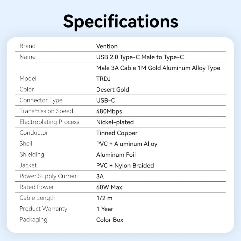 Vention USB 2.0 Type-C Male to Type-C Male 3A Cable Gold Aluminum Alloy Type