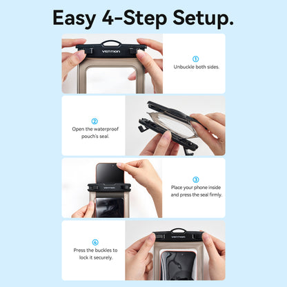 <tc>Vention</tc> Funda transparente impermeable para teléfono de 7,2 pulgadas con cierre de seguridad, color negro.