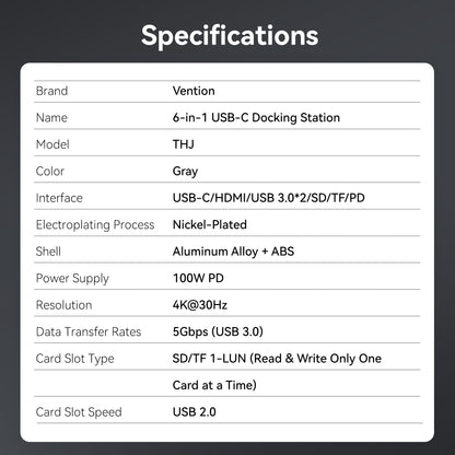 Vention 6'sı 1 arada USB-C Bağlantı İstasyonu