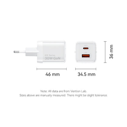 Vention 2-Port USB (C + A) GaN Charger (30W/30W) EU-Plug