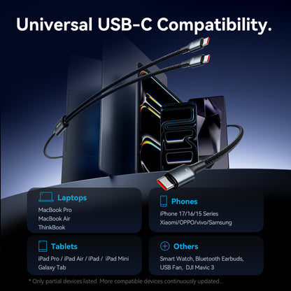 Vention USB 2.0 Tip-C Erkek - 2 Tip-C Erkek 5A Kablo Siyah Alüminyum Alaşımlı Tip