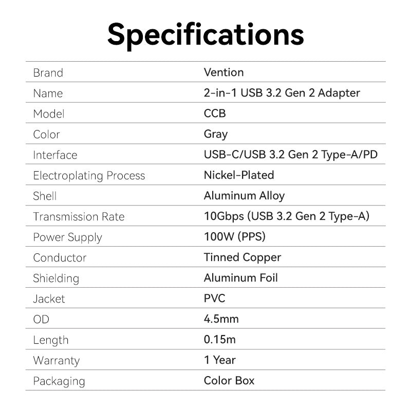 Vention USB-C Male to USB-A Female/PD Power Supply Adapter 0.15M Gray Aluminum Alloy Type