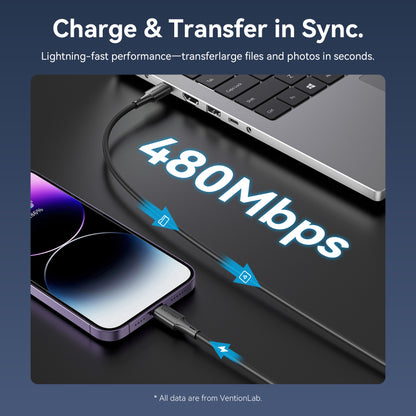 Vention USB 2.0 Tip-C Erkek - Yıldırım Erkek 3A Kablo Siyah PVC Tip