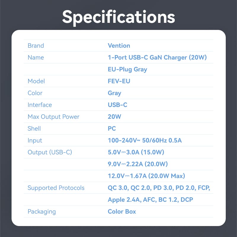 Vention 1-Port USB-C GaN Charger 20W EU-Plug