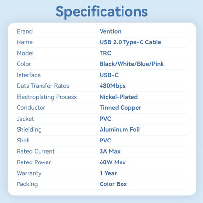 USB 2.0 Type-C Male to Type-C Male 3A Cable