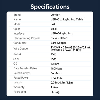 Vention USB 2.0 Tip-C Erkek - Tip-C Erkek 3A Kablo Siyah PVC Tipi