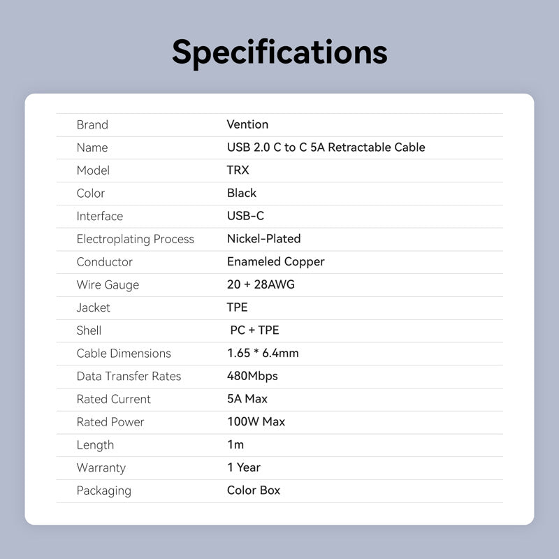 Vention USB 2.0 Type-C Male to Type-C Male 5A Retractable Cable 1M Black