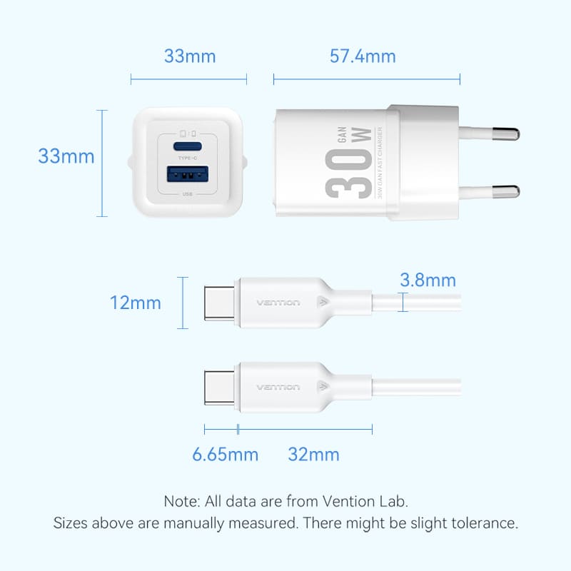 2-Port USB (C + A) GaN Charger (30W/30W) with USB-C to USB-C Cable