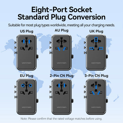 <tc>Vention</tc> 三端口 USB (C + A + A) GaN 通用旅行适配器 (65W/60W/5W)，内置 USB-C 数据线，黑色