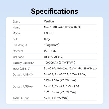 Vention Mini 10000mAh Power Bank 22.5W