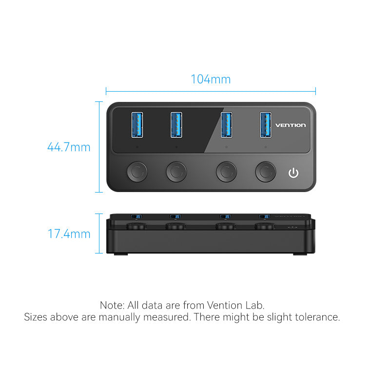 USB 3.0 to USB 3.0 x4+USB C Hub With Individual Power Switches 1M Black