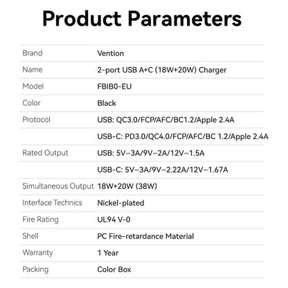 <tc>Vention</tc> 双端口 USB(A+C) 壁式充电器 (18W+20W) 欧规 黑色