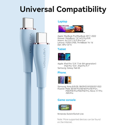 USB 2.0 Type-C Male to 2 Type-C Male 5A Cable 1.5M Blue Silicone Type