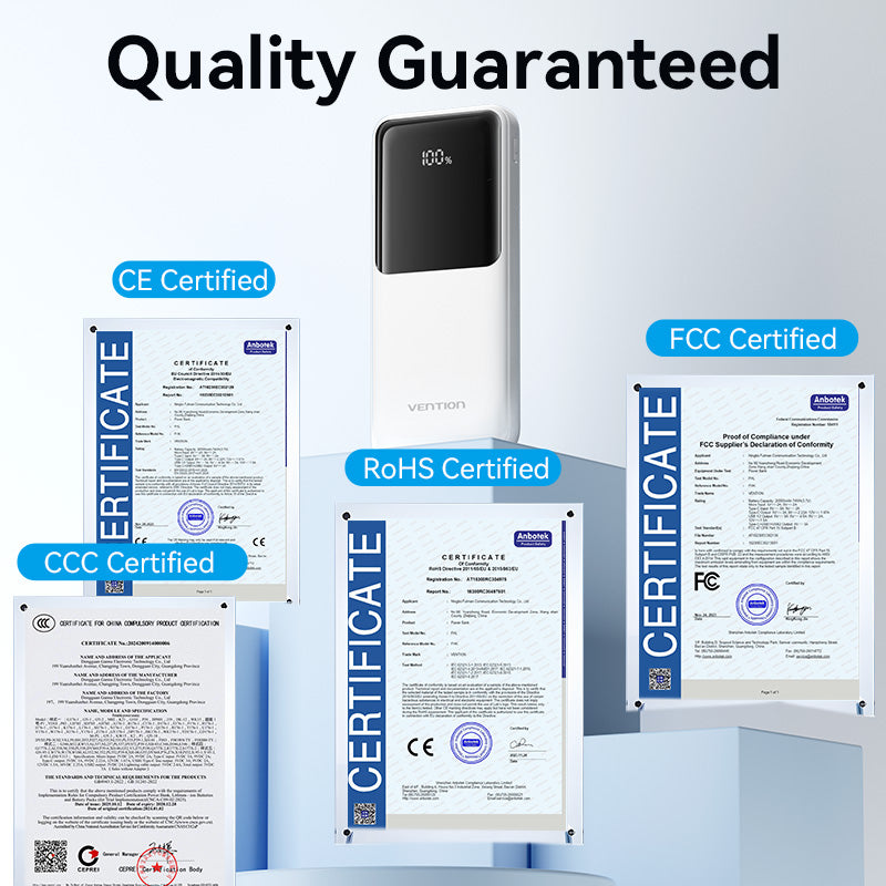 Vention 10000mAh Power Bank with Built-in USB-C and Lightning Cables 22.5W Black LED Display Universal Type