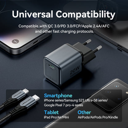 Vention 1 Portlu USB-C GaN Şarj Cihazı (20W) Gri, USB-C - Lightning Kablosu (1M) Siyah AB Fişi ile birlikte