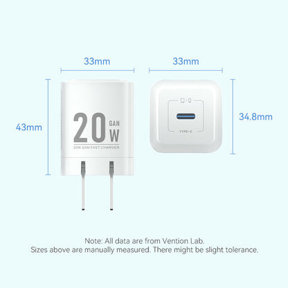 Vention 1-Port USB-C GaN Charger (20W) US-Plug Black
