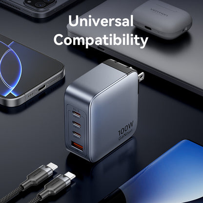 <tc>Vention</tc> Chargeur GaN 4 ports USB (C + C + C + A) (100 W/100 W/30 W/30 W) gris avec câble USB-C vers USB-C (1 m) noir et prise américaine