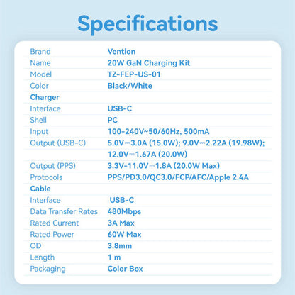 Vention 1-Port USB-C GaN Charger (20W) with USB-C to USB-C Cable (1M) US Plug