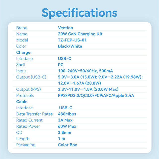 Vention 1-Port USB-C GaN Charger (20W) with USB-C to USB-C Cable (1M) US Plug
