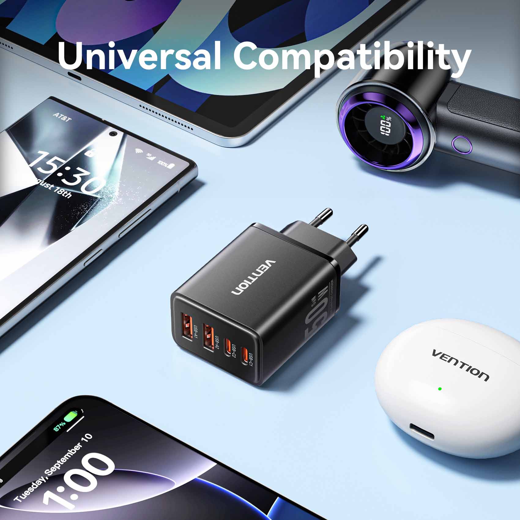 Vention 4-Port USB (C + C + A + A) GaN Charger (30W/20W/18W/18W) EU-Plug