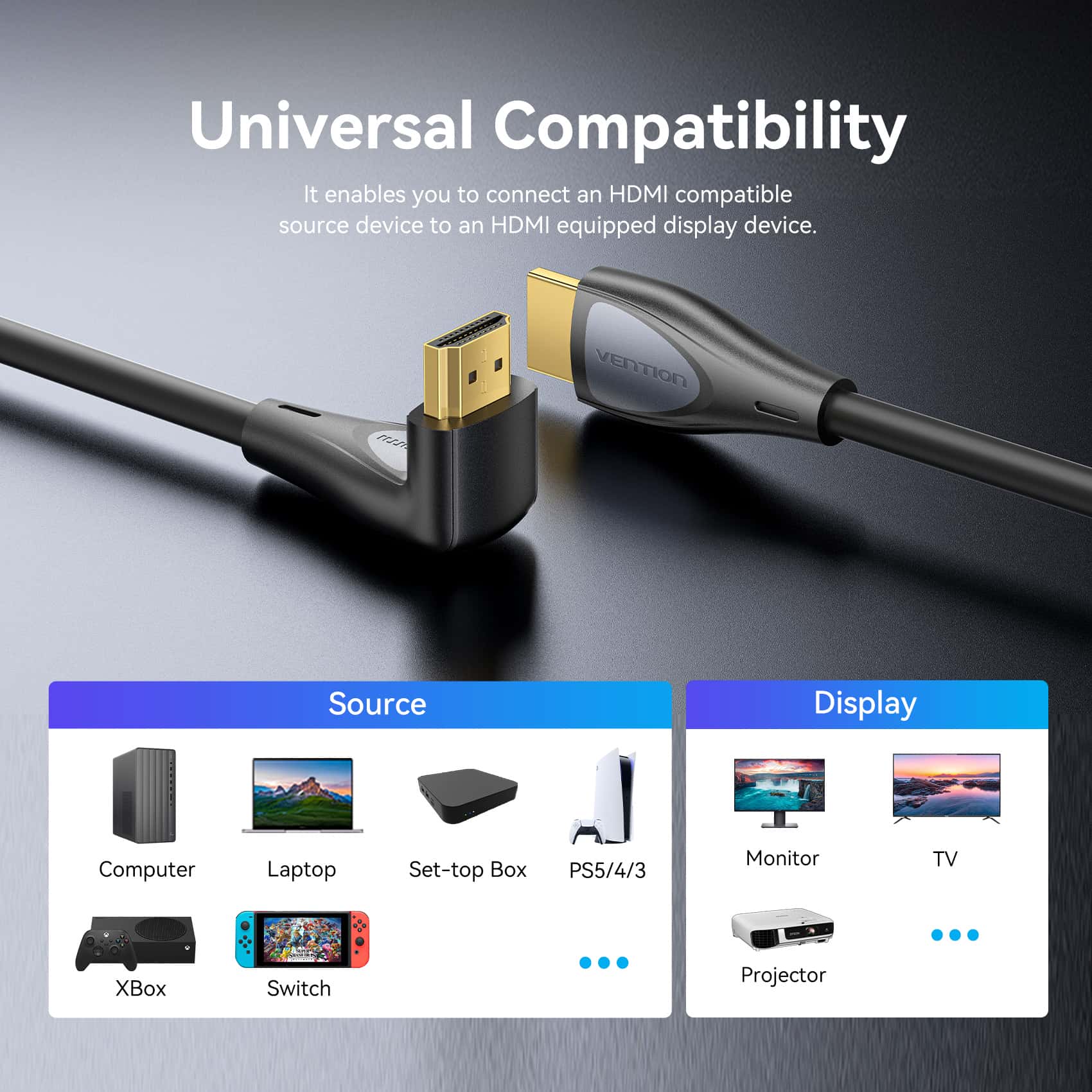Vention HDMI™-A Male to Male 4K HD Right Angle Cable 270 Degree